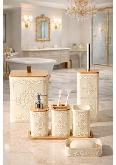 Makri Home Desenli 7 Parça Bambu Kapaklı Ve Aksesuarlı Banyo Seti Gri
