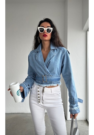 Denim Püskül Detaylı Kot Ceket Mavi