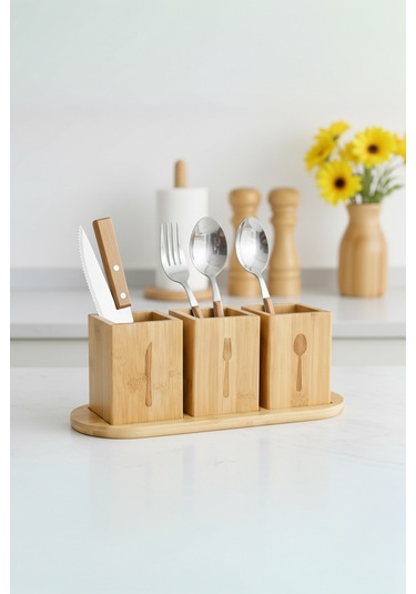 Miccho - 4 Parça Standlı Kaşıklık Kare Bambu