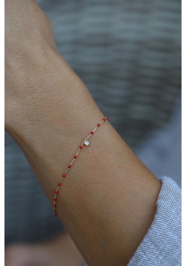 Yenigün Kuyumculuk 14 Ayar Altın Kırmızı Boncuklu Ve Tek Taş Detaylı Bileklik Sarı Altın