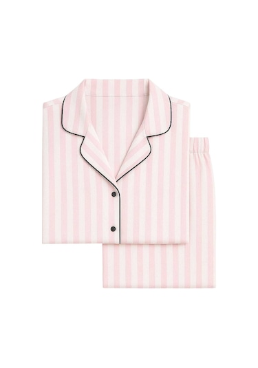 Çizgili Pembe Renk Gömlek Uzun Kol Pijama Takımı Pembe