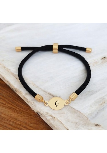 Ç Harfine Özel Oval Motifli İpek Örgülü 14 Ayar Altın Plakalı Hediye Bileklik-320harf-siyah Altın