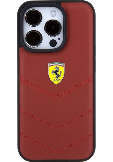 İphone Uyumlu 15 Pro Kılıf Ferrari Lisanslı Deri Dikişli Arka Yüzey Metal Logo Tasarımlı Kırmızı