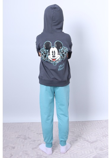 Erkek Çocuk Kapşonlu Eşofman Takımı Mickey Mouse Sırt Baskılı Ribanalı F3 Turkuaz