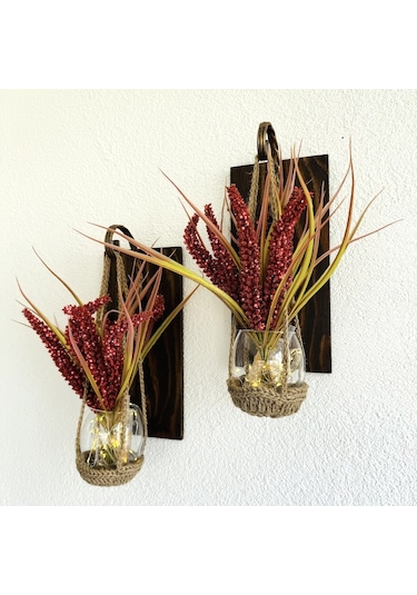 Duvar Dekoru, Led Işıklı, Kırmızı Çubuk Cipso Çiçekli, Ceviz Aplik İkili Set