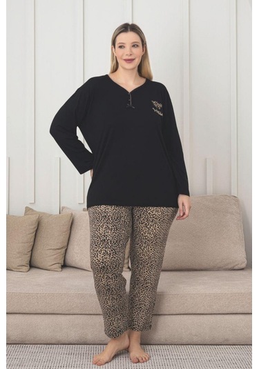 X-dreamy Büyük Beden Viskon Desenli Uzun Kollu Pijama Takımı Leopar