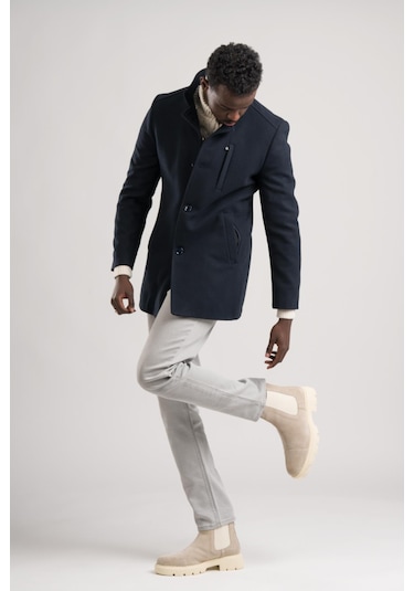Slimfit Hakim Yaka Düğme Kapamalı Yan Cepli Astarlı Tek Yırtmaçlı Yünlü Kaşe Kaban Lacivert