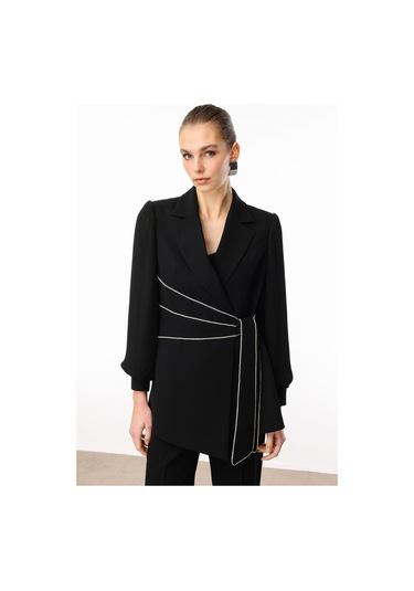 Moda İlgi Kadın Kolları Piliseli Şerit Aksesuarlı Ceket 5008 Siyah Siyah