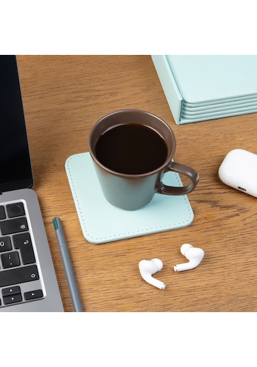 Bardak Altlığı,6 Lı Set,masaüstü Kare Cup Coaster,vegan Suni Deri,11x11 Cm.,su Yeşili