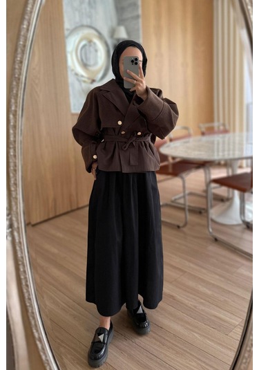 Kahijab Gold Düğme Kolları Kaşe Trençkot - Kahverengi