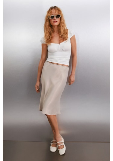 GRIMELANGE Thalıtha Kadın Saten Görünümlü Kumaş Beli Lastikli Örme Gri Etek Gri