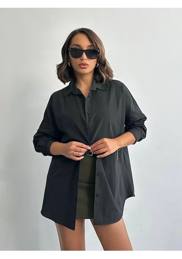 Kadın Oversize Uzun Basic Gömlek Siyah
