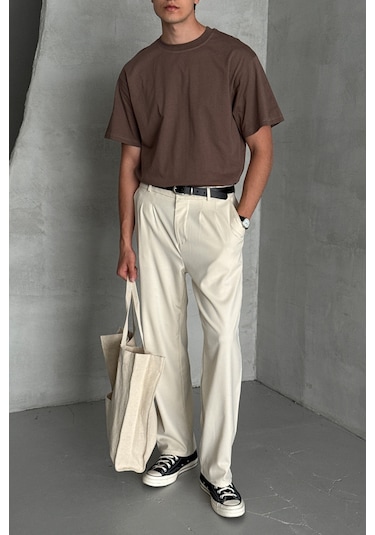 Hyman Erkek %100 Pamuk Oversize Basic T-shirt Kahverengi