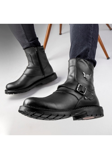 Ducavelli Rock Hakiki Deri Erkek Bağcıksız Kürklü Postal Bot, Harley Bot Siyah