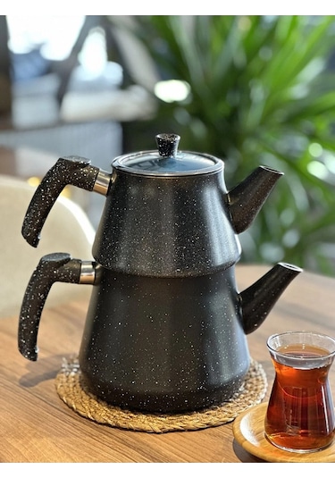 Yunusoğlu Home Granit Kaplama Pramit Cam Kapaklı Çaydanlık Siyah Siyah