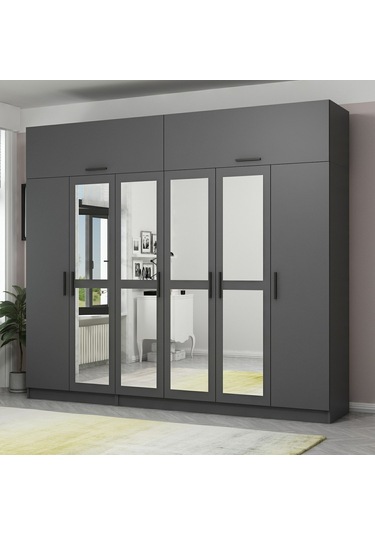 Minar Kale 6 Kapaklı 4 Aynalı 2 Ç Dolap Ve Yüklük Antrasit 255cm