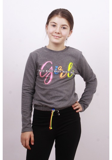 Toontoy Kız Çocuk Girl Baskılı Sweatshirt Antrasit Melanj