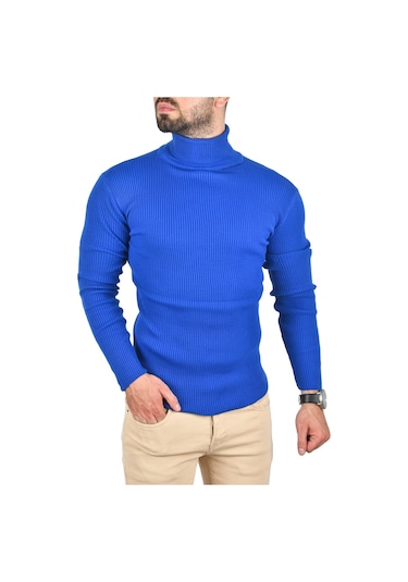 Deepsea Erkek Mavi İnce Fitilli Tam Boğazlı Balıkçı Yaka Tüylenmeyen Triko Kazak 2505498 Mavi
