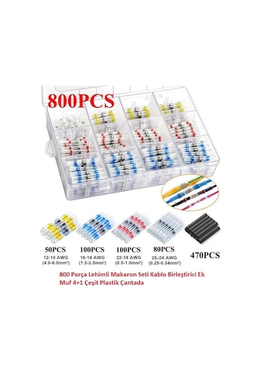 800 Parça Lehimli Makaron Seti Kablo Birleştirici Ek Muf 4+1 Çeşit Plastik Çantada