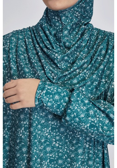 Pratik Tek Parça Çiçek Desenli Namaz Elbisesi Petrol Petrol Mavi