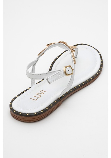 Marea Beyaz Hakiki Deri Parmak Arası Gold Tokalı Kadın Sandalet Beyaz