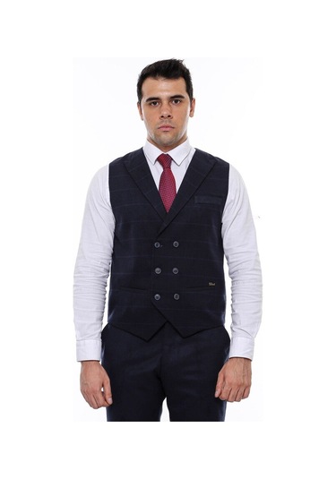 Wessi Kruvaze Yakalı Kareli Desenli Erkek Yelek - Lacivert