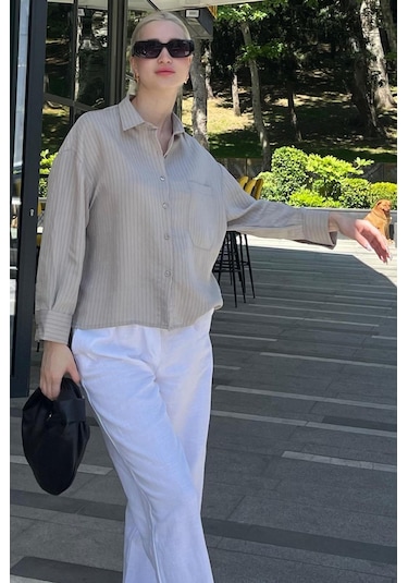Madmext Gri Çizgili Oversize Kadın Gömlek Mg2093-gri Gri