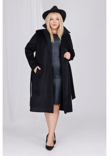 Kadın Siyah Yün Kaşe Kemer Ve Astar Detay Büyük Beden Kaban Siyah