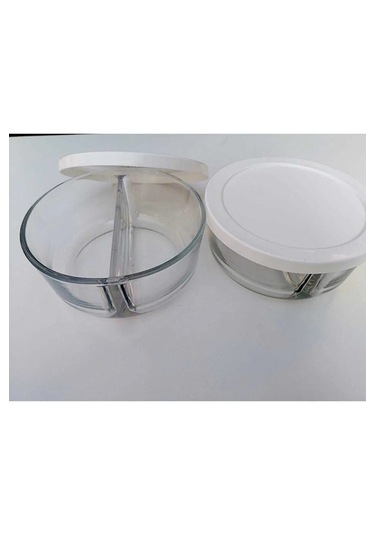 İki Bölmeli Kapaklı Cam Kahvaltılık Saklama Kabı - 2 Adet Şeffaf