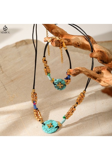 Bohem Tarzı Doğal Taş Turkuaz Kolye Ucu Kadın Niş Tasarımı Üst Düzey Yeşil