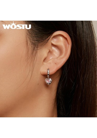 Wostu Düğün Takısı 925 Ayar Gümüş Pembe Cz Kalp Bırak Dangle Küpe Kadınlar İçin Platin Plaka Aşk Kalp Kız Çemberler Hediye