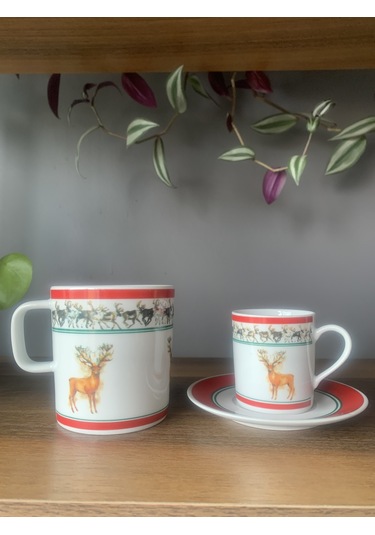 Yeni Yıl-noel Geyik Model 6 Parça 2 Kişilik Kupa Ve Türk Kahvesi Fincanı Takımı Çok Renkli