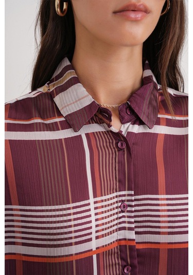 4751 Kadın Ekose İnce Saten Gömlek Bordo Bordo