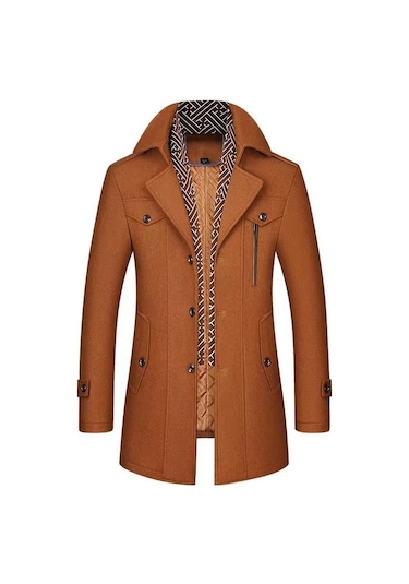 Erkek Yünlü Ceket Sonbahar Ve Kış Erkek Eşarp Yaka Mont Kaban Açık Kahverengi