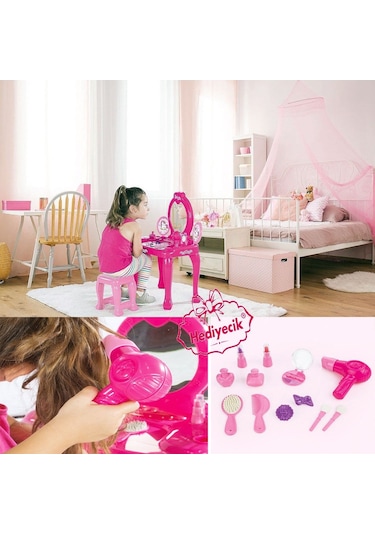 Unicorn Oyuncak Ayaklı Makyaj Masası ve Sandalye Seti Pembe Renk