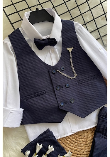 Matrix Yelekli Zincirli Erkek Çocuk Takım Elbise Lacivert