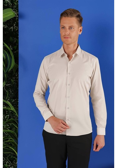 Gk 683 Slim Fit Kum Beji Klasik Gömlek Bej