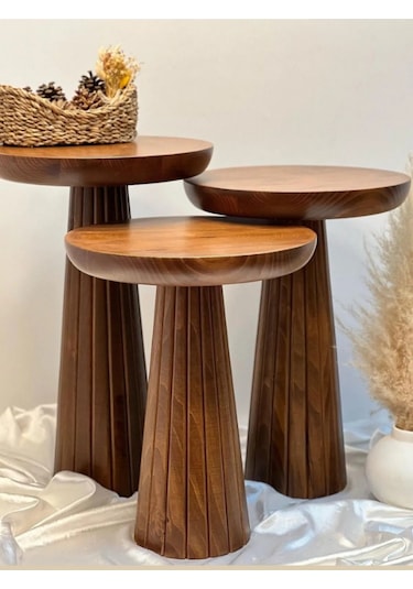 Wood Wooden 3 Lü Set Fitilli Mantar Yan Sehpa Modern