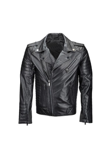 Hakiki Kuzu Derisi İşlemeli Detaylı Fermuarlı Erkek Deri Ceket Siyah Siyah