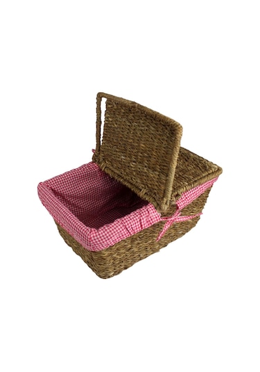 Hasır Rattan Örme Piknik Sepeti Dikdörtgen Ekoseli 18795 Sarı