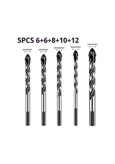 Yunboo Carbide Uçlu 5'li Matkap Ucu Seti: 6/6/8/10/12mm, Fesleğen Tipi, Cam/çini/beton Delme, Toz Temizleme, Kararlı Tutuş