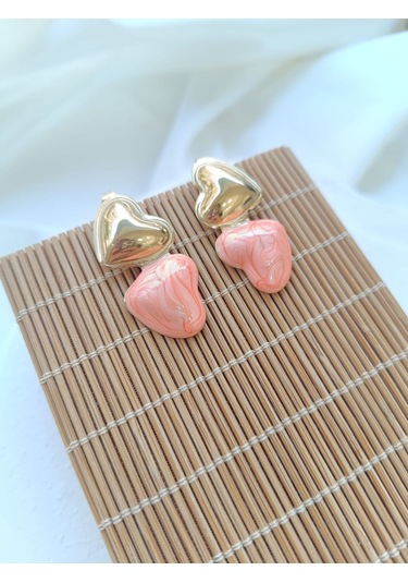 Çelik İkili Kalpli Pembe Küpe Altın - Pembe