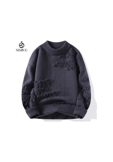 Erkek Sonbahar Ve Kış Düz Renk Kalın Yuvarlak Yaka Kazak Koyu Gri