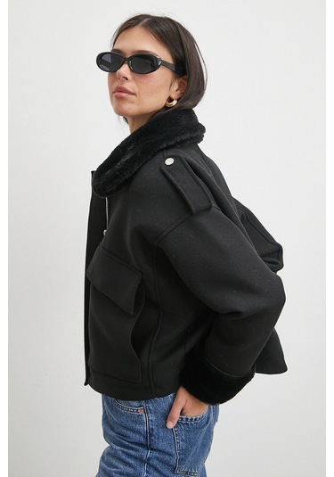 Apoletli Yünlü Körük Cepli Kaşe Mont Siyah Siyah