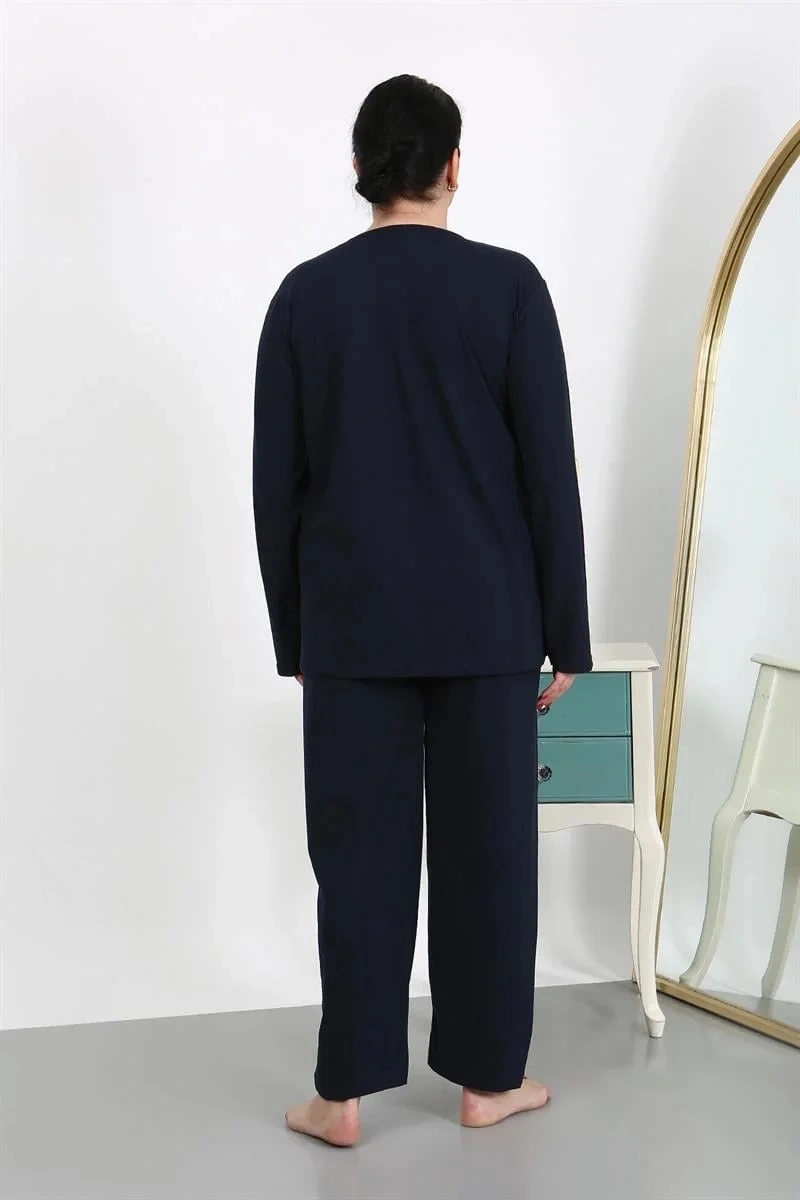 Moda Kadın Büyük Beden Uzun Kol Penye Pijama Takımı Lacivert Lacivert