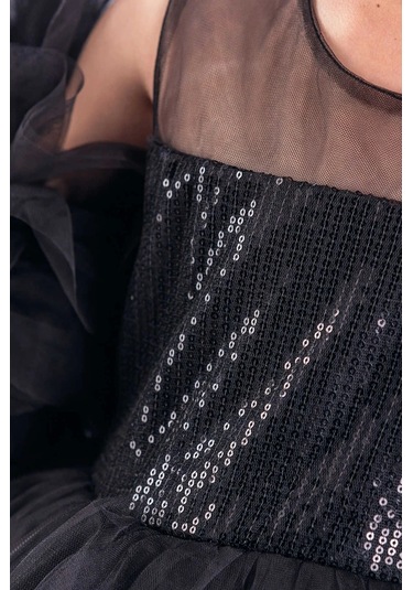 Kız Çocuk Abiye Elbise Ponpon Kol Pul Payetli Tütülü Siyah