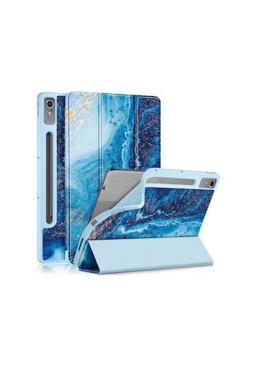 Lenovo Uyumlu Tab P12 Tb371fc Desen Baskı Üç Katlı Stand Tablet Kapağı Pu Deri + Tpu Tablet Kılıfı
