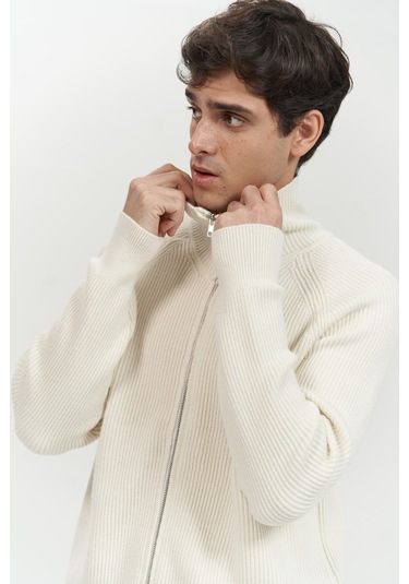 Brock Tam Fermuarlı Ekru Erkek Triko Kazak Ekru