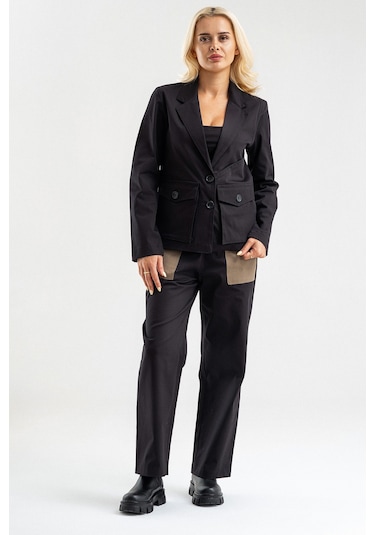 Bold & Young Kadın Üç Cepli Likralı Pamuklu Astarsız Blazer Ceket Siyah