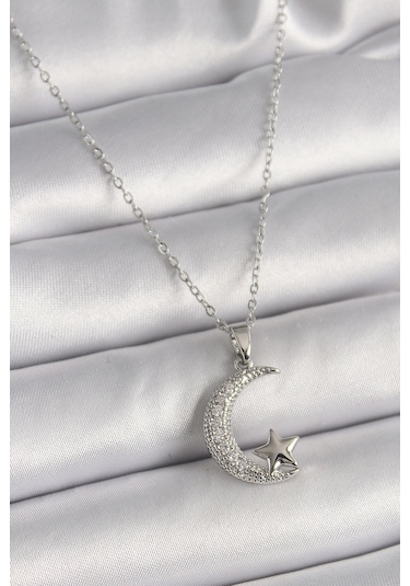 Gümüş Renk Zincir Zirkon Taşlı Hilal Model Yıldız Detay Kadın Kolye - Ebj241228w30263 Bakır